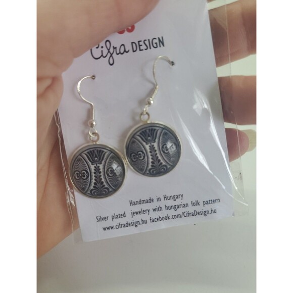 Cifra DESIGN Earrings Silver Plate Hungarian Follk  Pattern Dangle Drop Boho - Picture 5 of 6